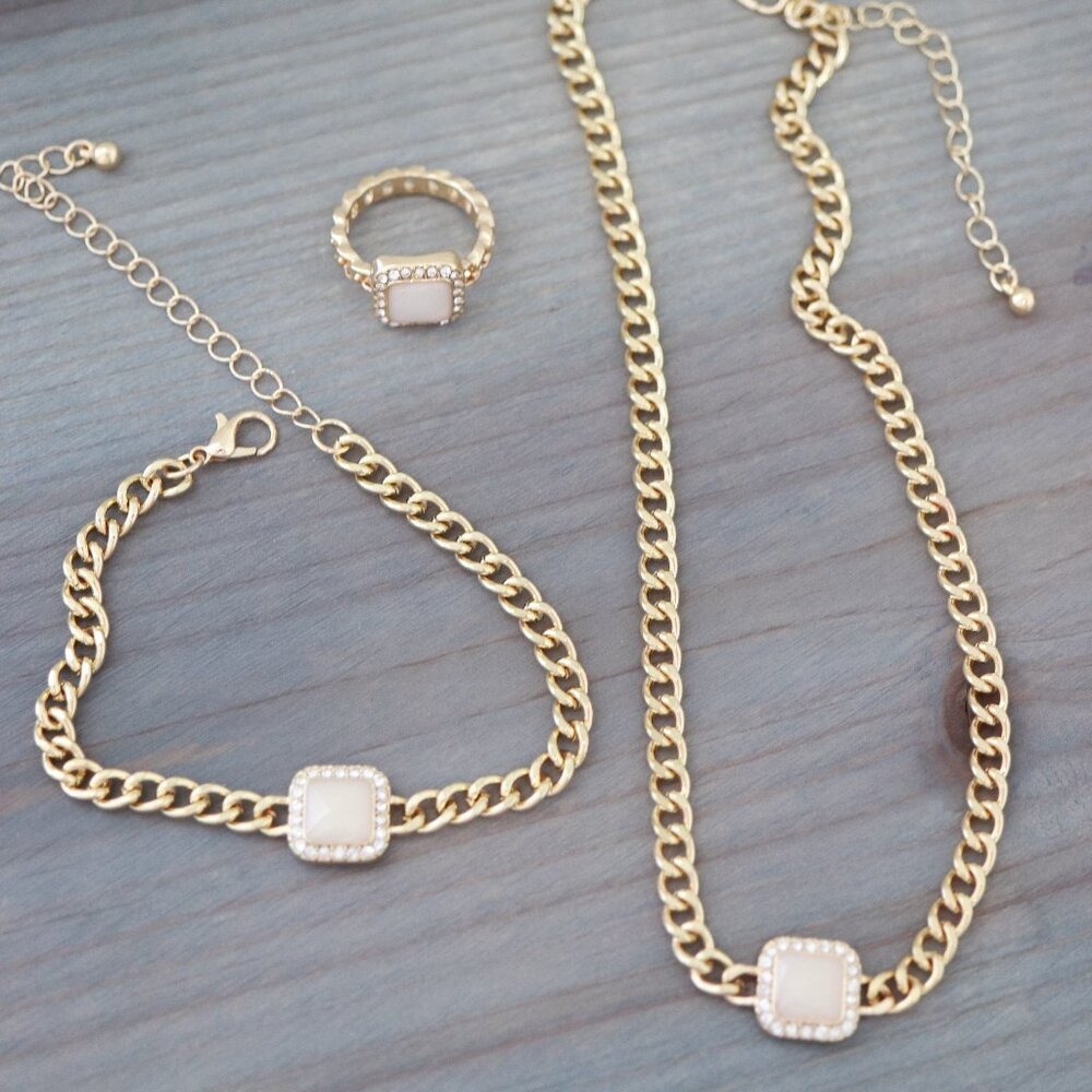 White Square Halo Style Pendant Cuban Chain Necklace 18k Gold Plated Jewelry Set